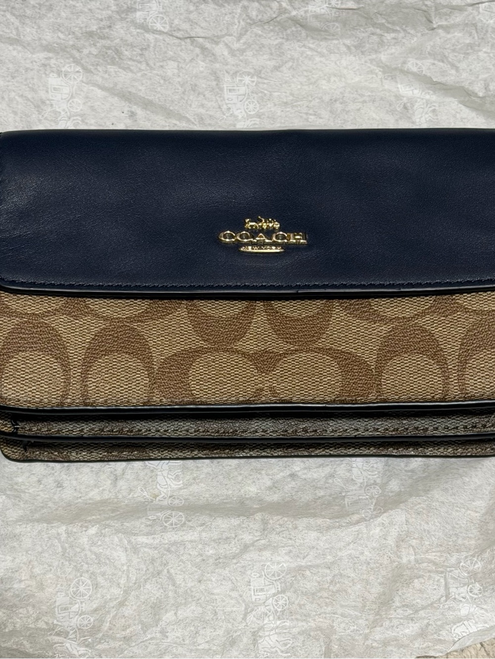 Coach Beige Signature Canvas with Navy Leather Foldover Clutch